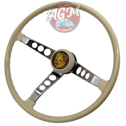 Volante para fusca estria grossa marfim e haste cromada com botão Porsche 
