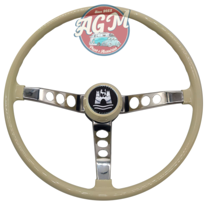 Volante para fusca, Kombi 76 em diante, Brasilia,Variant estria fina marfim e haste cromada com botão Wolfsburg