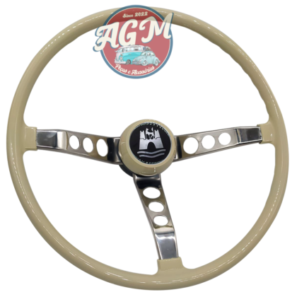 Volante para fusca, Kombi 76 em diante, Brasilia,Variant estria fina marfim e haste cromada com botão Wolfsburg - Image 2