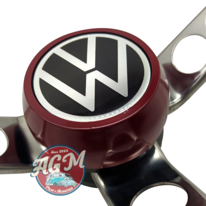 Volante para fusca estria grossa vinho e haste cromada com botão VW - Image 3