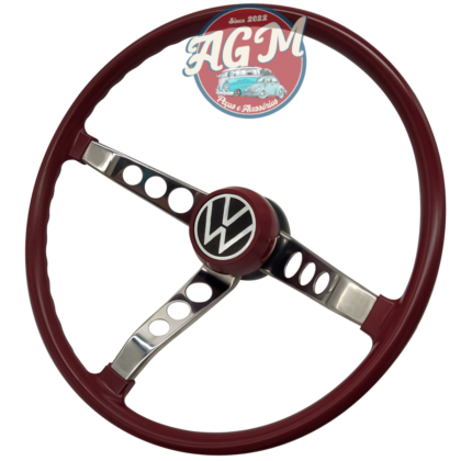 Volante para fusca estria grossa vinho e haste cromada com botão VW